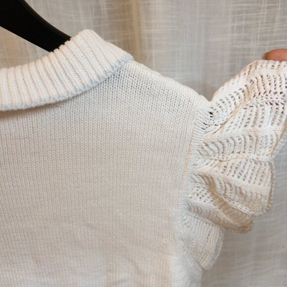 Lauren Conrad Cream Knit Polo Shirt / Sweater Top w/ Ruffled Sleeves Size Large - Picture 9 of 10